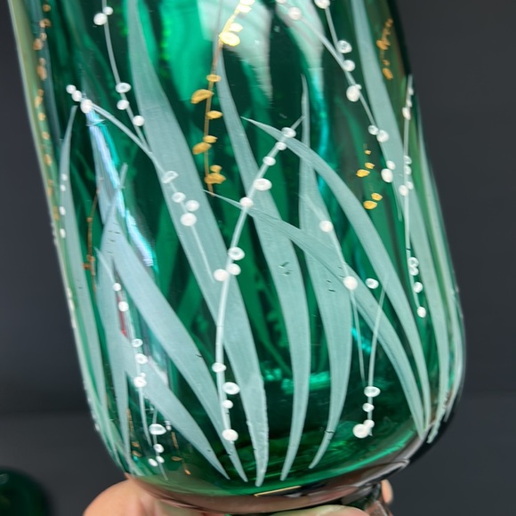 Vintage bohemian glass tall footed decanter with painted lily of the valleys - Picture 7 of 15